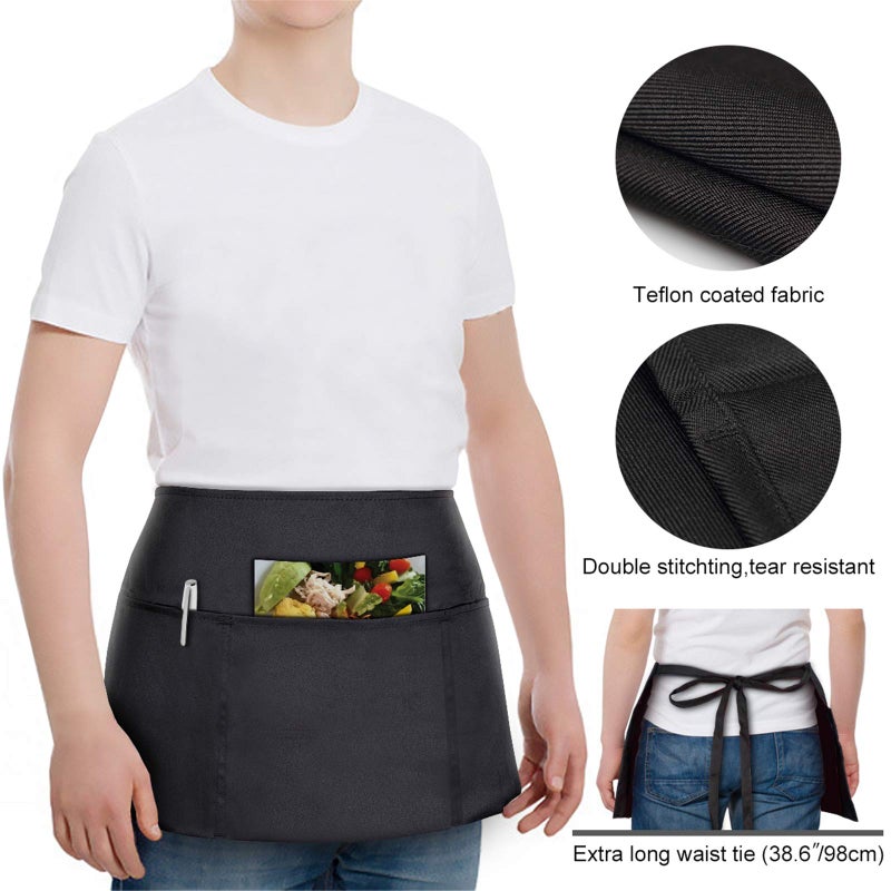 Will Well 2 Pack Waitress Apron with 3 Pockets - Water & Oil Resistant - Black Waist Aprons for Servers - Half Aprons for Women - 12 Inch - Image 5